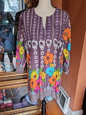 KIKISOL Floral Boho Tunic Top in Purple Multi - Designer Style